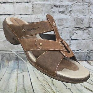MERRELL Luxe Slide Sandals Women’s 10 Brown Leather Strappy Comfort Slip-On BOHO